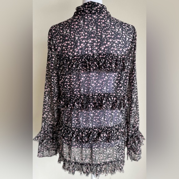 ALL SAINTS DEIRDE PEPPER SHIRT, TIE DETAILS, TIERED, FLOWY, BLACK/PINK SZ XS - Picture 6 of 10